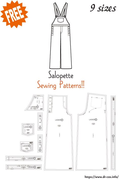 This is the pattern of Salopette(overalls). inch size(letter size) Children's-4,8,10/Ladies'-S,M,L,LL/Men's-S,M,L,LL cm size(A4 size) Children's-100,120,140/Ladies'-S,M,L,LL/Men's-S,M,L,LL Added the number of fabric meters required for each size Overall Jumper Pattern, Overalls Diy How To Make, Denim Overalls Sewing Pattern, Bib Overalls Pattern, Dungaree Pattern Women Free, Pattern For Overalls, Diy Dungarees Free Pattern, Free Sewing Patterns Overalls, Kids Overalls Pattern