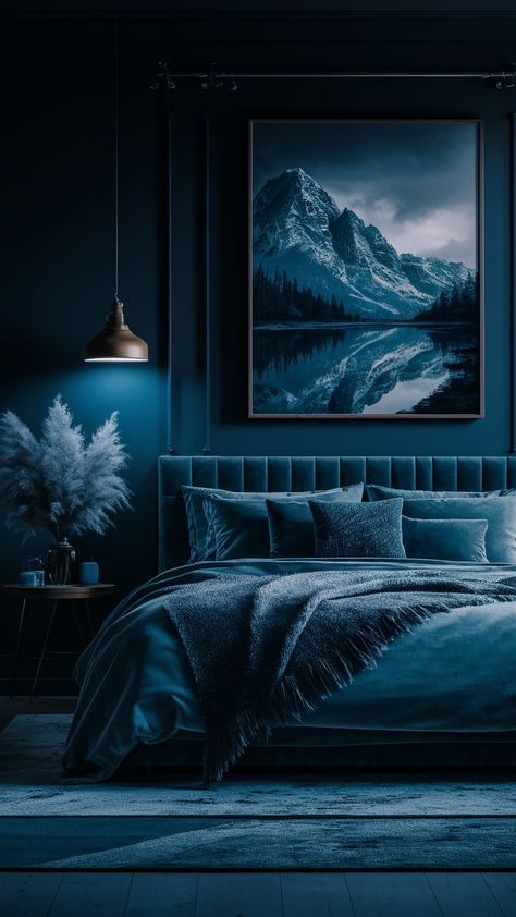 Dive into luxury with this modern bedroom retreat, inspired by deep ocean hues. 🌊💙 The rich dark blue walls create an inviting atmosphere, complemented by the statement bed and cozy rug. The elegant chandelier adds a hint of glam, making it an ideal space for relaxation and rejuvenation. Create your own nautical-inspired haven with this sophisticated design! #HomeDecor #ModernLiving #BedroomInspo Dark Blue Gothic Bedroom, Minimalist Bedroom Navy Blue, Dark Blue Aesthetic Room, Deep Teal Bedroom, Dark Blue Bedroom Aesthetic, Dark Blue Room Aesthetic, Sea Theme Bedrooms, Room Color Ideas Bedroom, Wallpaper Deco