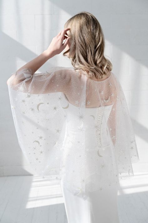 Star Themed Wedding, Moons And Stars, Wedding Shrug, Celestial Wedding, Shrugs And Boleros, Bridal Cape, Lithuania, Stars And Moon, Cape