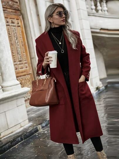 Double Breasted Lapel Collar Overcoat | SHEIN USA Maroon Coat Outfit, Maroon Coat, Long Coat Outfit, Maroon Outfit, Winter Coat Outfits, Plush Coat, Winter Fashion Coats, Coat Outfit, Women Overcoat