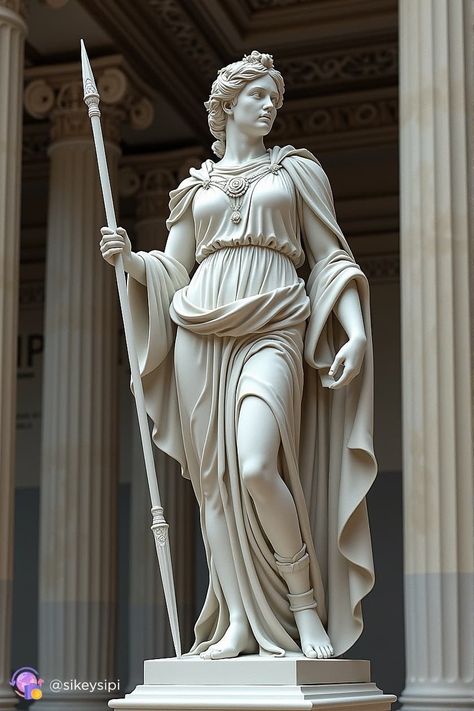 This statue of Athena in a battle stance highlights her as a warrior and protector. With a spear in hand and an unwavering expression, she stands ready to defend her lands and people. #Athena #WarriorGoddess #BattleStance #GreekMythology #Goddess Athena Warrior Goddess, Roman Goddess Statue, Female Warrior Statue, Athena Spear Tattoo, Athena Sculpture Tattoo, Ancient Greek Sculpture Goddesses, Athena Statue Aesthetic, Aprodithe Statue, Goddess Statue Aesthetic