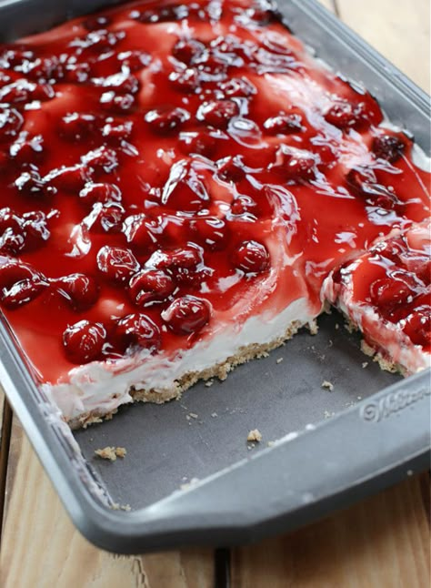 No-Bake Cherry Cheesecake. This No-Bake Cherry Cheesecake is a winner of a dessert! It’s so easy to make and it’s absolutely delightful! Three layers of total bliss! #cheesecake #nobakecheesecake #dessertrecipes #easydessert No Bake Cherry Cheesecake Lasagna, No Bake Cherry Cheesecake Cookie Lasagna, Cheesecake Layered Dessert, Cherry Cheesecake Surprise Layered Dessert, Unbaked Cherry Cheesecake, Old Fashioned Cherry Cheesecake, Cheesecake Squares No Bake, No Bake Cherry Cheesecake Bars, Easiest No Bake Cherry Cheesecake