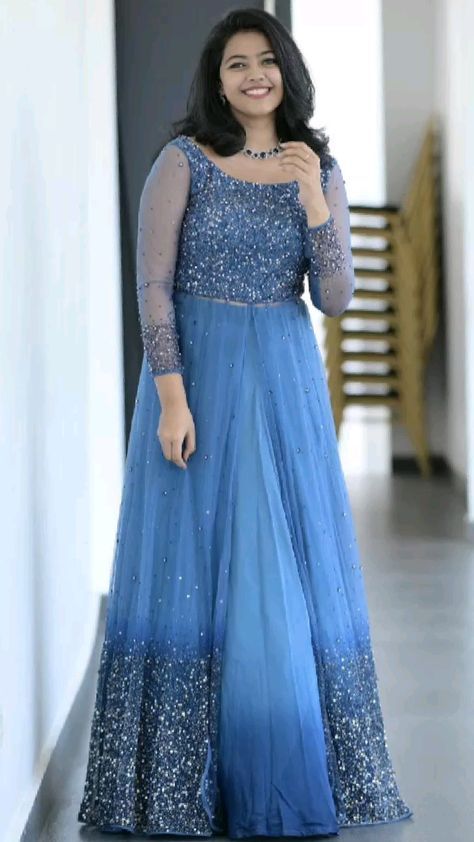 Blue Colour Gown Design, Saree Model Gown, Churidar For Wedding Function, Reception Dress Ideas Indian, Birthday Party Wear Dresses Women, Churidar For Wedding, Long Frocks For Women Party Wear, Reception Dress For Bride Sister, Engagement Dress For Bride Sister