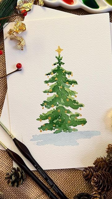 Xmas Tree Watercolor, Xmas Diy Cards, Watercolor Ideas Christmas, Watercolor Painting Christmas Card Ideas, Painting Christmas Cards Acrylics, Christmas Water Colour Card, Christmas Card Handmade Ideas, Easy Watercolor Christmas Cards Ideas, Christmas Card Art Drawing