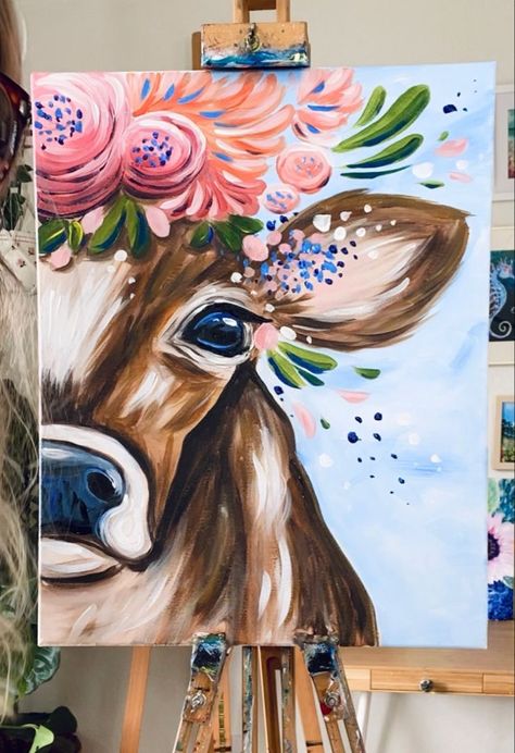 Cow Acrylic Painting, Cow With Flowers, Paintings Wall Decor, Highland Cow Painting, Cow Photography, Painting Animals, Doors Ideas, Acrylic Art Projects, Painting Stuff