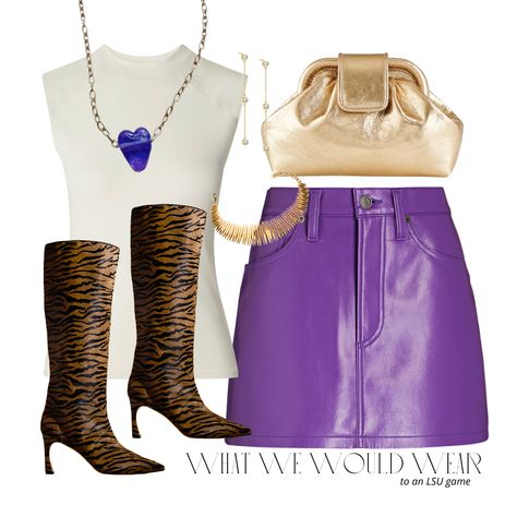 Gameday Outfit Lsu, Purple Shorts Outfit, Purple Leather Skirt, Purple Heart Necklace, Lsu Gameday, Lsu Outfits, Heart Necklace Gold, Black Leather Shorts, Print Boots