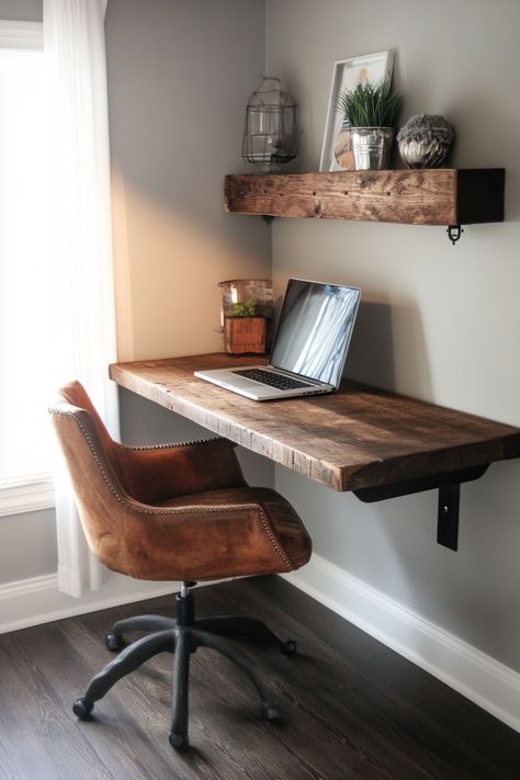 "Create a cozy workspace with a DIY Rustic Wood Floating Desk! 🪵✨ Perfect for small spaces, this project combines style and function, adding a rustic charm to your home office. Get crafting and make work-from-home more enjoyable! 🏡💼 #RusticDecor #DIYDesk #HomeOffice" Diy Hanging Desk, Workspace In Living Room Small Spaces, Diy Home Desk Small Spaces, Minimalist Rustic Decor, Floating Wooden Desk, Rustic Home Office Design, Rustic Wood Home Decor, Home Working Desk Design, Floating Desk In Front Of Window