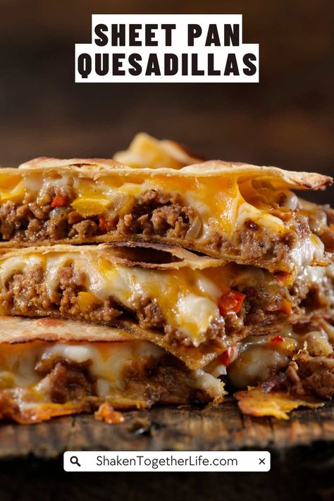 Sheet Pan Quesadillas are the ultimate easy dinner solution! With savory ground beef, colorful bell peppers, and gooey cheese all baked to perfection on a sheet pan, this dish is perfect for busy weeknights or feeding a crowd. Sheer Pan Quesadilla, Baked Quesadilla Oven Sheet Pan, Sheet Pan Burritos, Ground Beef Sheet Pan Dinners, Sheet Pan Quesadillas Beef, Oven Quesadillas Sheet Pan, Sheet Pan Nachos Ground Beef, Feeding A Crowd Dinner, Quesidias Recipes