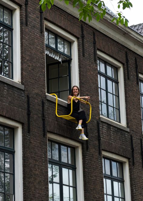 daphné keraudren's metal hung seats challenge the norms of architecture in public buildings Hanging Seating, Urban Furniture Design, Colorful Apartment, Public Square, Public Seating, Urban Furniture, Red Dot Design, Structure Architecture, Street Furniture