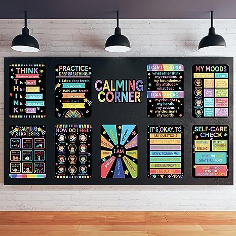 10 Pcs Calming Posters Emotion Chart for Kids Feeling Management Posters Back to School Calming Strategies Bulletin Board Set for Preschool Kindergarten Elementary School Decor (Black Base Color) Class Black Board Decoration Ideas, Black Display Boards Classroom, Pastel Display Boards Classroom, Class Room Rules Soft Board, Bulleting Board Welcome Back, Kids Feelings, Think Before You Speak, Emotion Chart, Calming Strategies