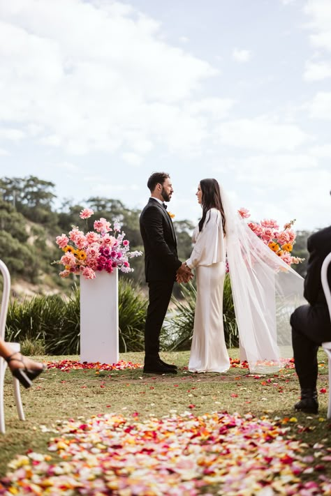 Wedding Plinth Flowers, Colourful Wedding Ceremony, Flower Archway, Bold Colour Palette, Jervis Bay, Simple Wedding Flowers, Citrus Wedding, Aisle Flowers, Wedding Ceremony Arch