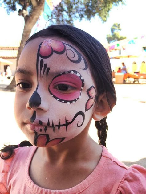 Catrina Face Painting Kids, Sugar Skull Kids Makeup, Calavera Face Painting, Sugar Skull Face Paint Kids, Kids Sugar Skull Makeup, Easy Catrina Makeup Kids, Sugar Skull Face Paint Easy, Catrina Makeup Kids, Kids Skeleton Makeup