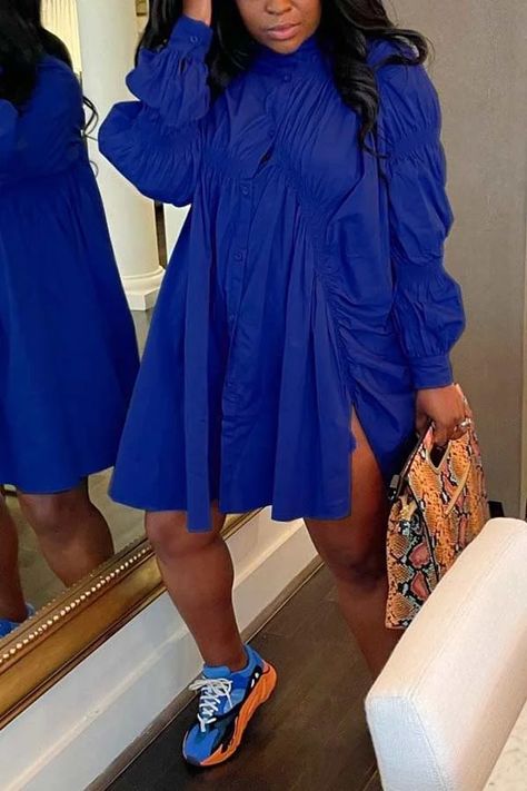 Fashion Irregular Pleated Loose Solid Dress Styles For Women Over 50, Broken Hearted, Party Fits, Button Long Sleeve, Royal Blue Dresses, Long Sleeve Shirt Dress, Solid Dress, Elegant Outfit, Women Tops