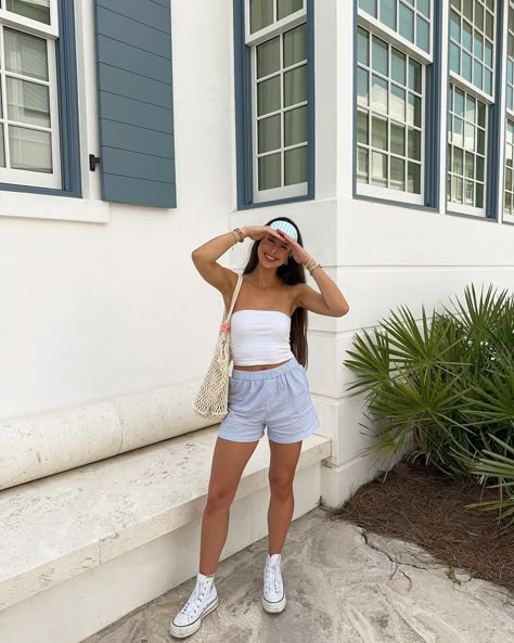 shades of blue 🩵🌊🐬 Blue Short Outfit, Barcelona Fits, Blue Shorts Outfit, Striped Shorts Outfit, Boxer Shorts Outfit, My Vibe Aesthetic, Cutesy Outfit, Beach Poses By Yourself Photo Ideas, Texas Summer