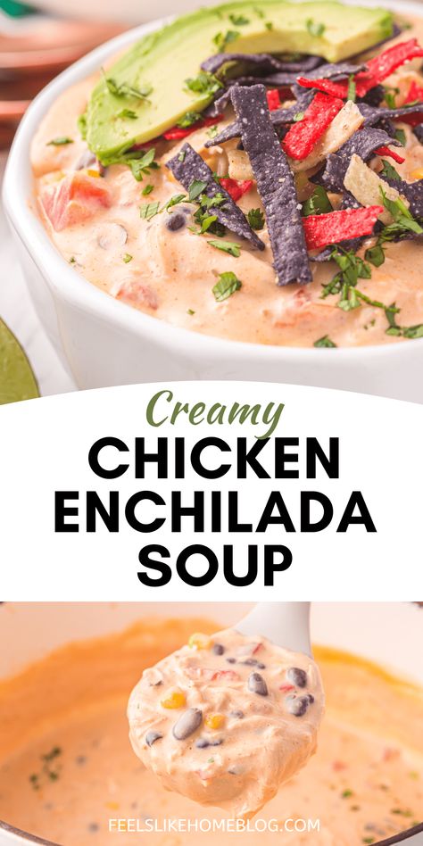 Crockpot Creamy Chicken Enchilada Soup, Enchiladas Soup Recipe, Chicken Enchilada Soup Stovetop, White Enchilada Soup, White Chicken Enchilada Soup, Soup Casserole Recipes, Creamy Enchilada Soup, Chicken Enchilada Chili, Enchiladas Soup