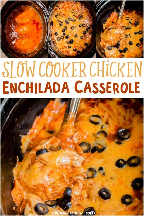 This recipe for Slow Cooker Chicken Enchilada Casserole is a one pot meal! You will never want to make standard enchiladas again. - The Magical Slow Cooker Easy Crockpot Meals For Fall, Chicken Crockpot Recipes 8 Hours, Ready To Eat Crock Pot Meals, Crockpot Tortilla Casserole, Large Crock Pot Meals, Slow Cooker Recipes 8 Hours, Crockpot 8 Hour Recipes, Easy Crockpot Chicken Enchiladas, Chicken Enchilada In Crock Pot