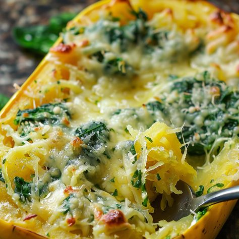 Garlic Parm Spaghetti Squash, Spinach Spaghetti Squash, Garlic Parmesan Spaghetti Squash, Squash Recipes Healthy, Spinach Spaghetti, Daikon Recipe, Parmesan Spaghetti Squash, Parmesan Spinach, Spaghetti Squash Recipes Healthy