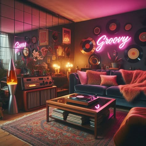 80s Living Room Retro Industrial Living Room, Rgb Living Room Ideas, 80s Futuristic Interior, Rockabilly Living Room, 00s Home Decor, Home Decor Ideas Retro, Retro Futurism Home, Retro Room Ideas Aesthetic, Mid Century Modern Living Room Ideas Retro Interior Design