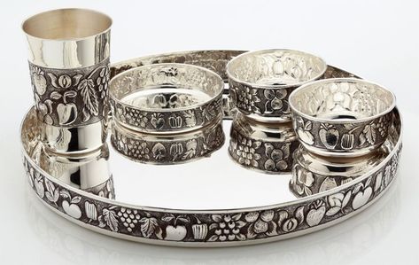 Silver Utensils Indian, Silver Dinner Set Indian, Silver Thali Set, Silver Dinner Set, Puja Items, Pooja Items, Silver Lamp, Silver Plated Trays, Silver Pooja Items