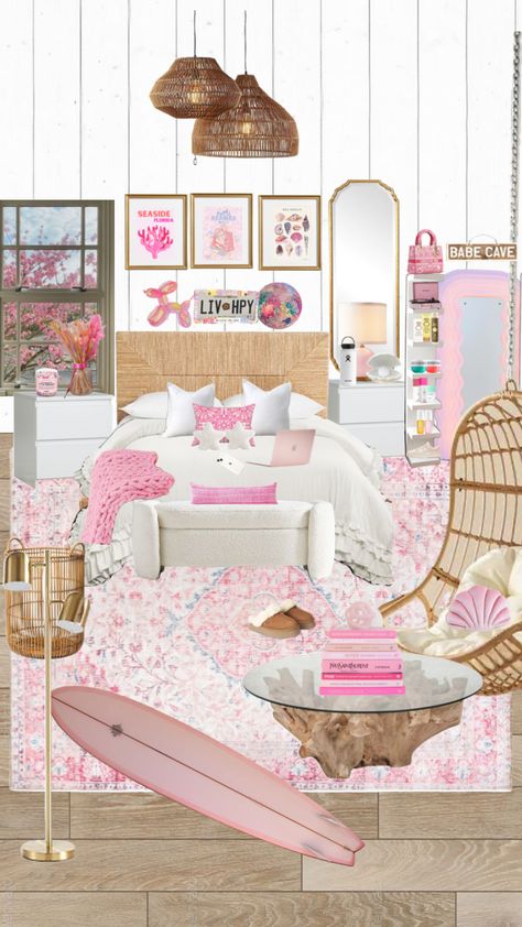 pink bedroom #surfergirl #preppy #bedroom #inspo #bedroominspo Preppy Clean Room Ideas, Bedroom Ideas Preppy Pink, Preppy Bedroom Shuffle, Pink Coastal Bedroom Aesthetic, Pink Preppy Room Ideas, Blue And Pink Room Decor, Colorful Beachy Bedroom, Tropical Room Aesthetic, Pink Coastal Granddaughter Bedroom