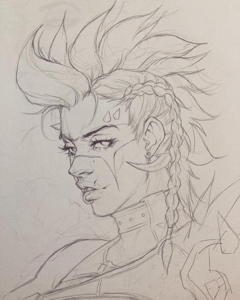 How To Draw Mohawk, Overwatch Drawings Sketch, Overwatch 2 Art, Junkerqueen Fan Art, Overwatch Junkerqueen, Headshot Drawing Reference, Queen Poses Reference, Junker Queen Fanart, Headshot Poses Drawing