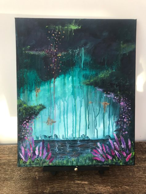 Ethereal acrylic painting Witchy Acrylic Painting, Mystical Paintings Easy, Large Acrylic Painting, Ethereal Paintings, Crystal Painting Acrylic, Fantasy Acrylic Painting, Mystical Paintings, Portal Art, Pond Painting