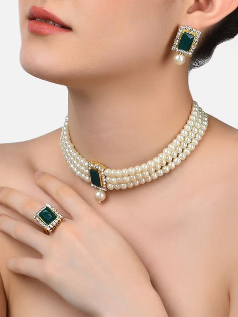 Buy Zaveri Pearls Green Stones Multistrand Pearls Choker Necklace Earring & Ring Set-ZPFK10845 Online Pearl Choker Necklace Design, Pearl Choker Set, Pearls Choker, Nykaa Fashion, Choker Necklace Designs, Jewel Wedding, Earring Ring, Stone Choker, Green Stones