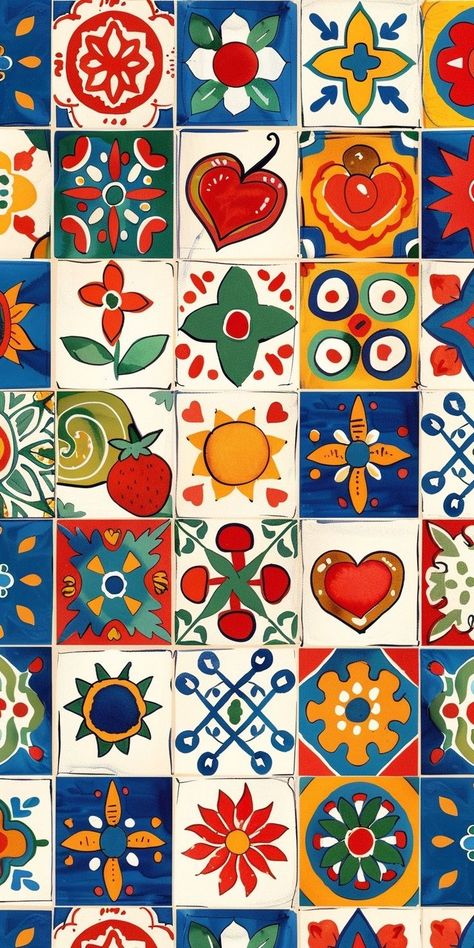 Spanish Tiles Wallpaper, Summer 2024 Aesthetic Wallpaper, Small Flower Wallpaper Iphone, Mexican Pattern Wallpaper, Eclectic Phone Wallpaper, Summer Fruit Aesthetic Wallpaper, Mexican Style Wallpaper, Mexican Theme Wallpaper, American Traditional Wallpaper Iphone