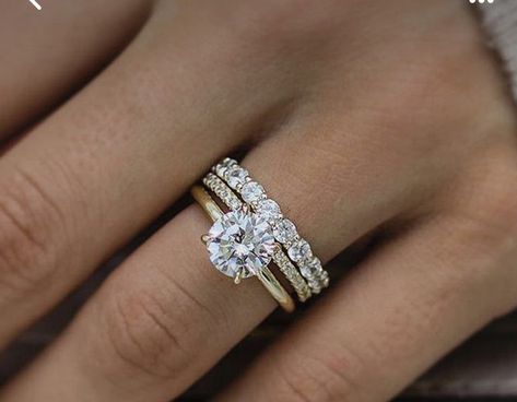 Mixed Metal Wedding Band Stack, Three Ring Stack, Ring Stacking Ideas Wedding Bands Gold, Round Diamond With Wedding Band, Gold And White Gold Wedding Ring Set, Round Solitaire Wedding Stack, Wedding Ring Stack Round Diamond, Silver And Gold Wedding Stack, Mixed Metal Ring Stack Wedding Bands