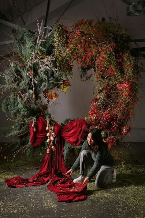 Not Your Average Christmas Tree- 9 Unique Holiday Tree Decorating Ideas & Inspiration | The Savvy Heart | Interior Design, Décor, and DIY Christmas Floral Installation, Christmas Vinette Ideas, Christmas Wreath Hanging, Christmas Installation, Floral Christmas Tree, Hanging Installation, Designer Christmas, Wreath Hanging, Christmas Window Display