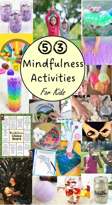 The pin is a collage with different images of activities kids can do for mindfulness from outdoor yoga, sensory bottles, sensory bags and printables. Mindfulness Art Activities, Quiet Toddler Activities, Mindful Activities For Kids, Mindfulness Activities For Kids, Art Activity For Kids, Wellbeing Activities, Mindfulness Art, Social Emotional Activities, Mental Health Activities