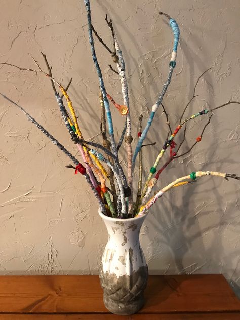 Some of my wrapped stick art! Fabric Wrapped Sticks, Wood Stick Art Craft Ideas, Tree Stick Crafts, Decorating With Sticks Branches, Art With Sticks Tree Branches, Twig Art Diy Wall Hangings, Stick Art Branches, Art With Sticks, Sticks Decor