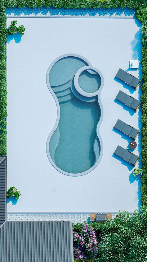 I Series Fiberglass Pools | River Pools & Spa Organic Swimming Pool Design, Irregular Shape Swimming Pool, Swimming Pool Designs Architecture, Curved Pool Design, Resort Pool Design, Modern Pool Ideas, Pool Designs Modern, Pool Top View, Curved Pool