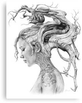 Contemplation Canvas Print Portrait With Flowers, Twisted Tree, Tattooed Woman, Surreal Artwork, Portraiture Drawing, Nature Drawing, Tree Canvas, Wassily Kandinsky, Pencil Drawing