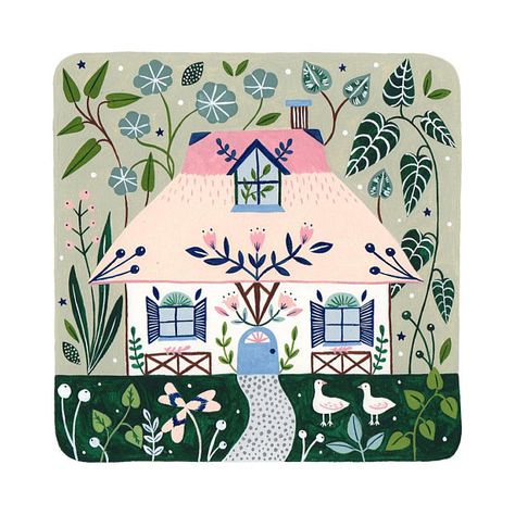 Pink cottage 7 x7 giclee print Flora Waycott Illustration, Flora Waycott, Art Houses, House Series, Cottage Prints, Watercolor Paper Texture, Garden Illustration, Pink Cottage, Scandinavian Folk Art