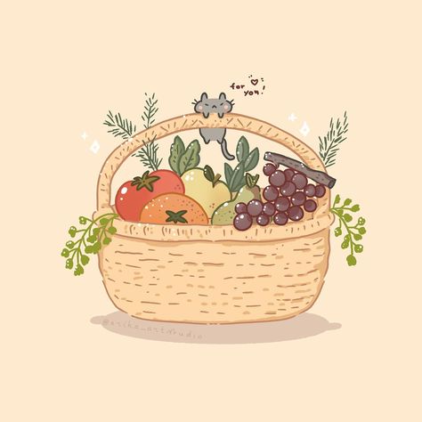 Third entry of the drawing challenge #blossominapril24 hosted by @daiandqin @jackthecupcake @lenasscribbles @melissazumbrink @moonie.coco @nimoontales @cafewhimsy @prismiya #cat #fruitsbasket #spring #kawaii #cute #kawaiiartstyle #cutecat Basket Of Fruits Drawing, Basket Of Flowers Drawing, Fruit Basket Sketch, Picnic Basket Drawing, Fruit Basket Illustration, Fruits Basket Drawing, Fruit Basket Painting, Picnic Basket Ideas, Fruit Basket Drawing