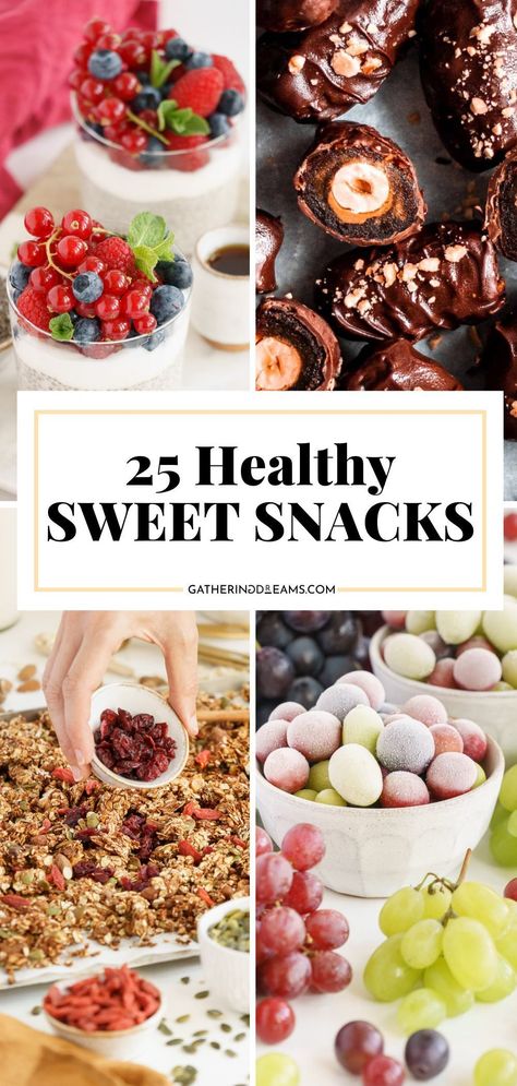 Use healthy ingredients to make 25 easy sweet snacks. These simple recipes are fun and delicious! Healthy Snacks College Students, Easy Healthy Dessert Snacks, Healthy Fruit Snacks Clean Eating, Healthy Cheap Desserts, Healthy Snacks Instead Of Sweets, Healthy Snacks Recipes For Work, Healthy Snacks For High School, Healthy Dried Fruit Snacks, Healthy Snacks Boxes For Adults