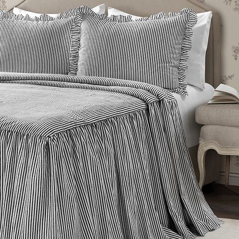 Classic Grace Ticking Stripe Bedding Set Black And White Master Bed, Bedspreads Ideas, Black And White Bedspread, King Bedspreads, Striped Bedspread, Bedspread Ideas, Ticking Stripe Bedding, Ruffle Bedspread, Classic Bedding Sets