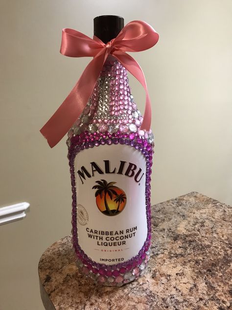 Bedazzled Alcohol Bottle 21st Birthday, Bedazzled Malibu Bottle, 21 Bedazzled Bottle, Rhinestone Liquor Bottles Diy, Malibu Bottle Decorated, Decorated Liquor Bottles Birthday, Bedazzled Bottle 21st Birthday, Birthday Alcohol Gift Ideas, Alcohol Decorations