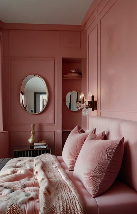 113+ Beautiful Pink Bedroom Ideas Pink Colour Scheme Bedroom, Pink On Pink Bedroom, Raspberry Blush Bedroom, Pink Velvet Bedroom, Clay Pink Bedroom, Small Bohemian Bedroom Ideas, Pink Colour Drenched Bedroom, Peach And Pink Bedroom, Cinder Rose Bedroom