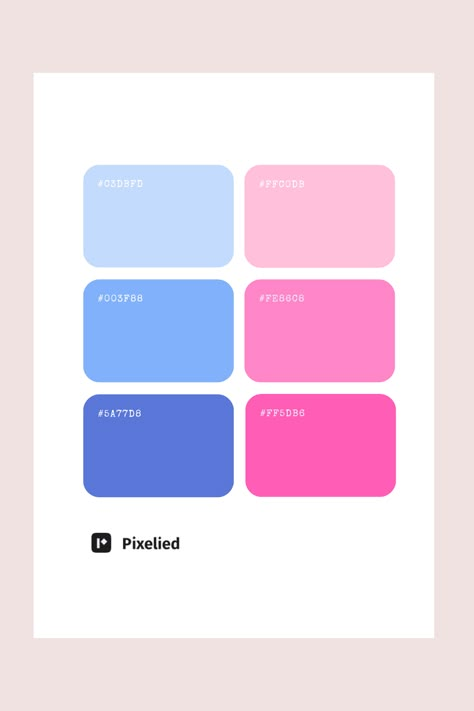 This palette features soft blues paired with vibrant pinks, creating a harmonious and cheerful aesthetic. The gentle blues evoke calmness, while the bright pinks add a playful touch. Ideal for Mobile/Web UI, branding, typography, and illustrations. Soft Bright Color Palette, Pink And Blue Colour Palette, Blue Pink Palette, Blue Pink Color Palette, Pink Blue Color Palette, Blue And Pink Palette, Bright Color Combos, Blue And Pink Color Palette, Web Design Color Palette