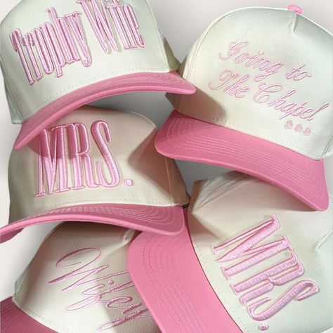 Miss to Mrs. Collection 💍🤍 Marriage Material Hat, Bachelorette Trucker Hats, Cute Trucker Hat, Going To The Chapel, Bachelorette Hats, Puff Embroidery, Marriage Material, Tan Hat, Proud Wife