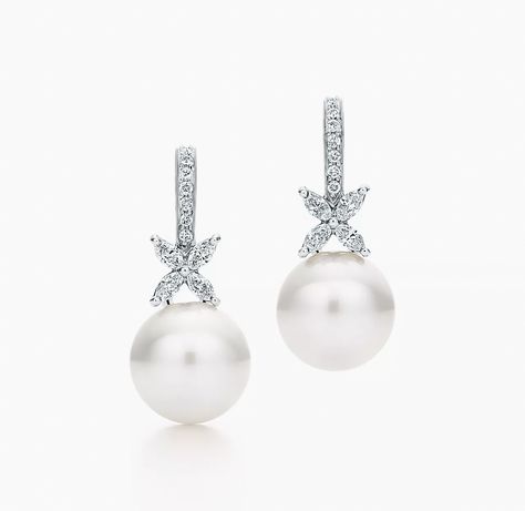 Tiffany & Co - Tiffany Victoria Pearl and Diamond Earrings $10,800 Tiffany And Co Victoria, Tiffany Pearl Earrings, Diamond Earrings Tiffany, Tiffany Victoria, Tiffany Pearls, Tiffany And Co Earrings, Japanese Pearls, Tiffany Earrings, Buy Pearls