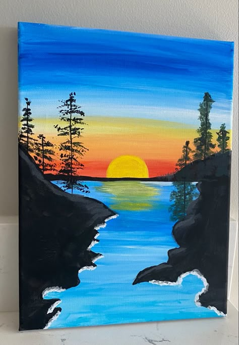 Acrylic Painting Ideas On Canvas Creative Home Decor, Pejzazi Art Easy, Easy Paintings Sunset, Guash Paint Ideas, Cool And Warm Color Painting, Sunrise Painting Acrylic, Painting Ideas Sunset, Nature Painting Ideas, Sunset Painting Easy