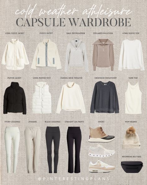 Athleisure Capsule Wardrobe - Pinteresting Plans Scotland Capsule Wardrobe Fall, January Capsule Wardrobe, Outdoor Capsule Wardrobe, Ski Capsule Wardrobe, Camping Capsule Wardrobe, Professional Athleisure Outfits, Gym Capsule Wardrobe, Jacket Capsule Wardrobe, Neutral Wardrobe Outfits