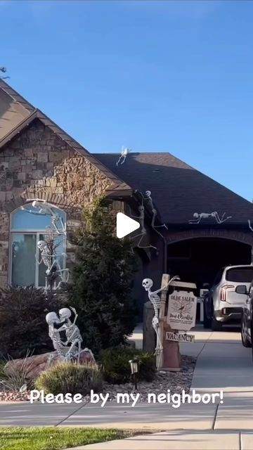 Never_Done_DIY on Instagram: "@sallyshouz neighbor takes Halloween décor to a skeleton extravaganza!

Follow @sallyshouz and tag someone who wishes their house was this spooktacular!

#NeighborhoodHauntedHouse #HalloweenDecorGoals #SillySkeletonSpooktacular #NeighborhoodLaughsAndThrills #halloweendecor #halloween #skeleton #skeletonlove #never_done_diy 

Please DM for credit or removal." Outside Skeleton Decorations, Skeletons On House Halloween, Skeleton Halloween Decorations Yards, Skeleton Scenes For Halloween, Skeletons On House, Skeleton Decorations Outdoor Funny, Skeleton Ideas For Yard, Halloween Skeletons Yard Funny, Skeleton Poses Halloween