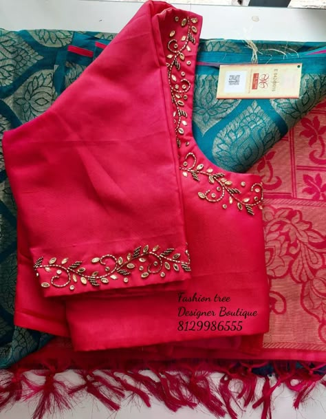 Simple Work On Blouse Designs, Neck Work Designs For Blouse, New Model Maggam Work Blouse Designs Simple, Blouse Work Designs Bridal, Simple Aari Works On Blouse, Blows Work Designs Latest, Simple Engagement Blouse Design, Blouse Simple Hand Work Designs, Floral Design Aari Work Blouse