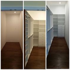 Long Narrow Closet Makeover, Long Narrow Closet System, Long Narrow Dressing Room, Walkin Closet To Bathroom, Long Narrow Storage Closet, Narrow Closet Makeover, Diy Narrow Walk In Closet, Master Closet Design Narrow, Single Side Walk In Closet