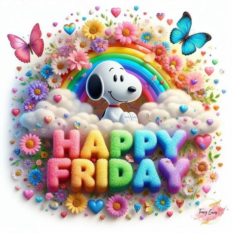 Snoopy is awesome | Happy Friday 🌸🌈 🦋 | Facebook Snoopy Friday, Happy Morning Images, Happy Friday Pictures, Cute Picture Quotes, Friday Inspirational Quotes, Good Morning Snoopy, Friday Wishes, Good Morning Wednesday, Birthday Wishes Greetings