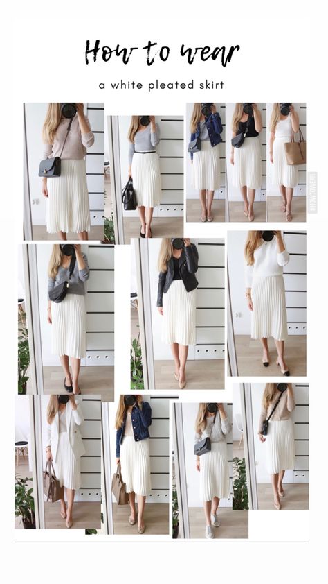 Cream Pleated Skirt Outfit Summer, Outfits With White Midi Skirt, White Pleated Midi Skirt Outfit, White Plisse Skirt Outfit, Cream Pleated Skirt Outfit, Pleated White Skirt Outfit, Cream Skirt Outfit, Skirt Capsule Wardrobe, White Pleated Skirt Outfit